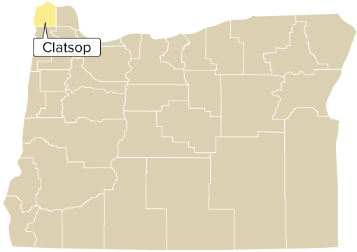 Clatsop County, Oregon: Oregon county map with Clatsop County shaded
