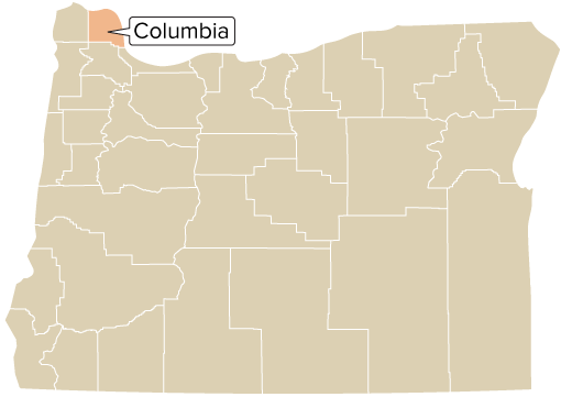 Columbia County, Oregon: Oregon county map with Columbia County shaded