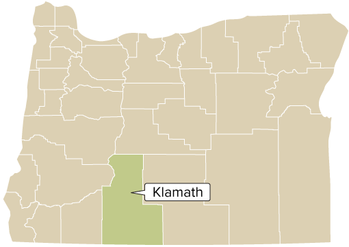 Klamath County, Oregon: Oregon county map with Klamath County shaded