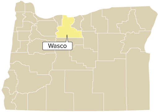 Wasco County, Oregon: Oregon county map with Wasco County shaded
